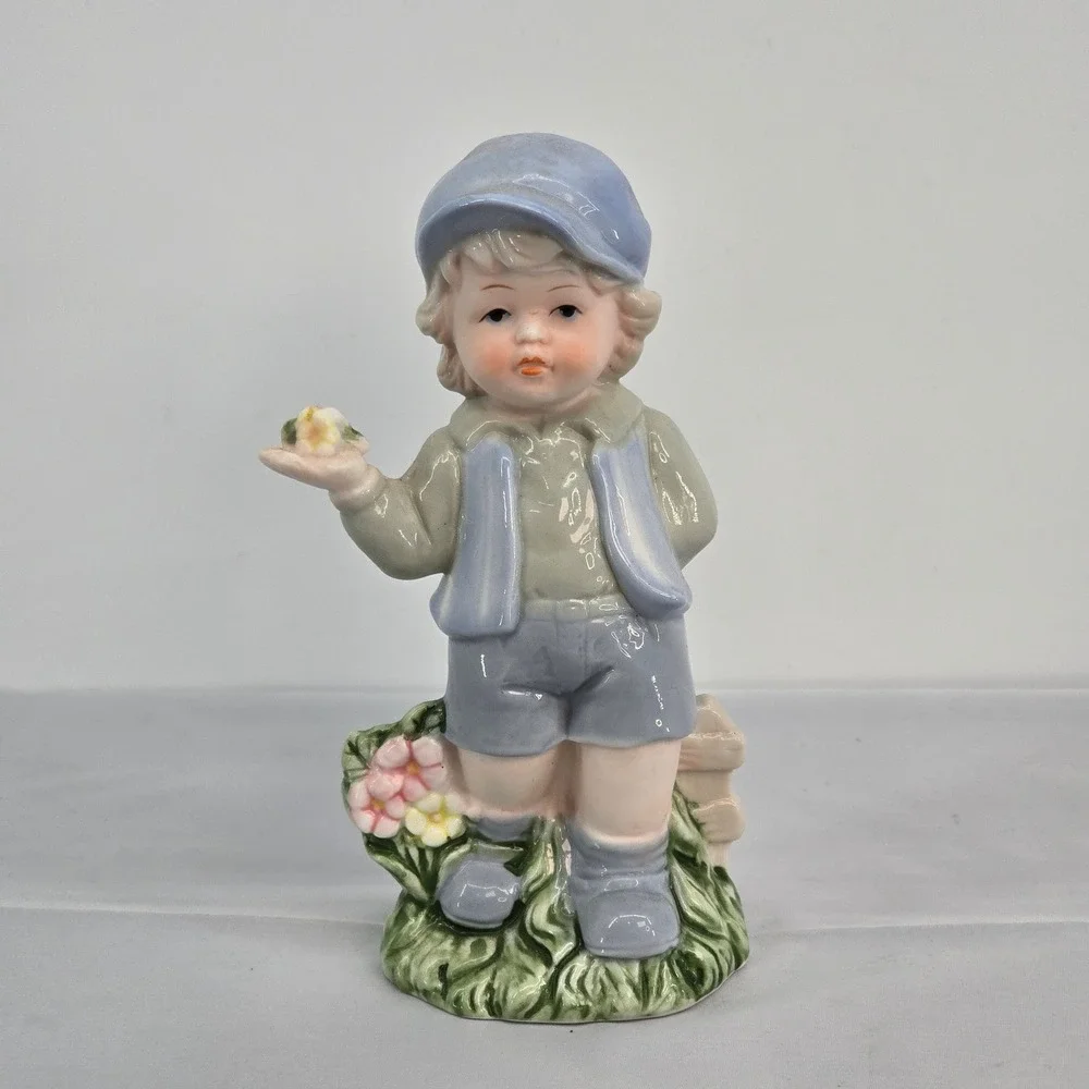 Cornerstone Creations 2001 Porcelain Boy Figurine Blue Cap Flowers Vintage Style